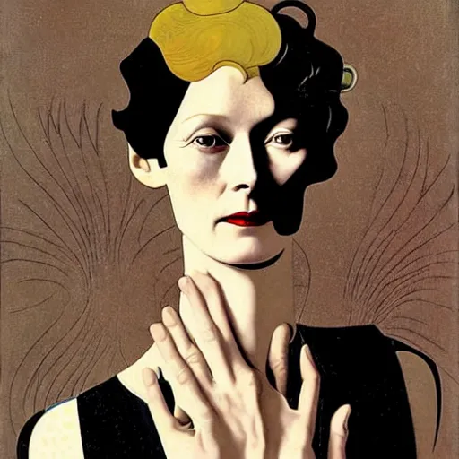 Image similar to a portrait by coles phillips of the stunningly beautiful actree, tilda swinton, mucha, kandinsky, art deco, decadence,