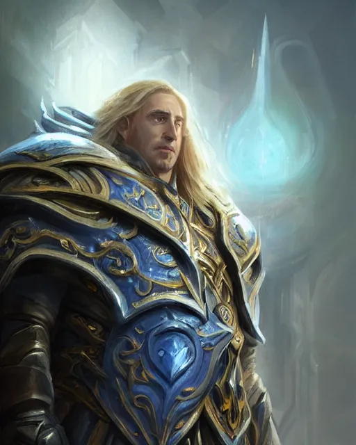 Image similar to portrait of arthas menethil, fantasy, intricate, sharp focus, lens flare, bloom, rim light, illustration, highly detailed, digital painting, concept art, matte, art by ruan jia. front view