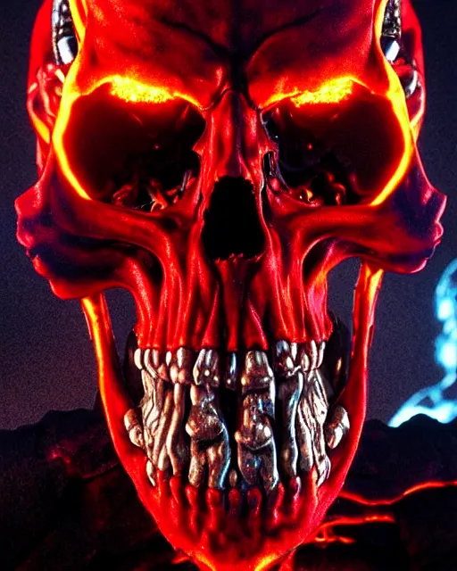 Prompt: red fiery eyes spawn - terminator skull - ghost rider - hybrid, supervillains, intricate artwork, concept art, eyes octane render, deviant art, cinematic, key art, hyperrealism, iridescent accents, portrait photograph, in hell, nikon 3 5 mm, ridley scott, moebius, dan mumford, jim lee