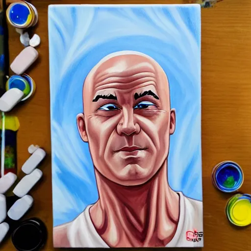 Image similar to painting of mr. clean cosplaying as gigachad, completely white eyes, blank eyes