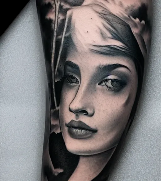 Image similar to a beautiful girl faded in a mountain scenery, realism tattoo, in the style of den yakovlev, black and white, hyper realistic, highly detailed