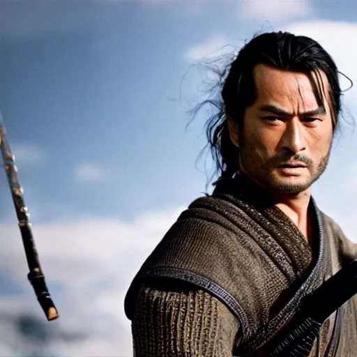 Image similar to handsome and strong kurdish samurai wielding a katana in a movie directed by christopher nolan, movie still frame, promotional image, imax 7 0 mm footage, perfect symmetrical facial features