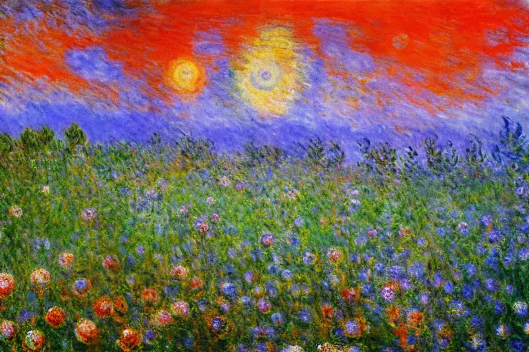 Prompt: Claude Monet oil painting of an extraterrestrial planet with exotic alien flora, vivid colors, unimaginable, breathtaking, masterpiece