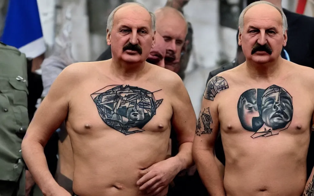 Image similar to famous photo of alexander lukashenko with torso covered with criminal tattoo photo by journalists high quality face