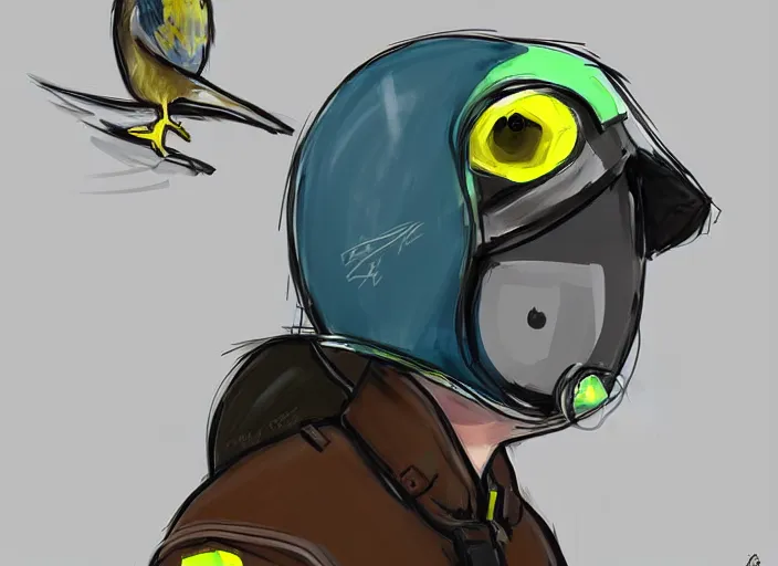 Image similar to budgie wearing a pilot helmet and pilot jacket giving a thumbs up to the viewer, full body concept art, digital painting, 8 k, trending on deviantart, trending on furaffinity, concept art.