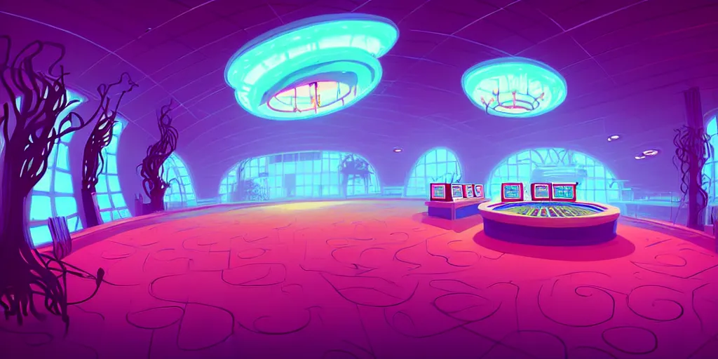 Image similar to minimalistic extreme wide angle curved perspective digital art of sss chubby cotton candy indoor casino with curly plants by anton fadeev from nightmare before christmas