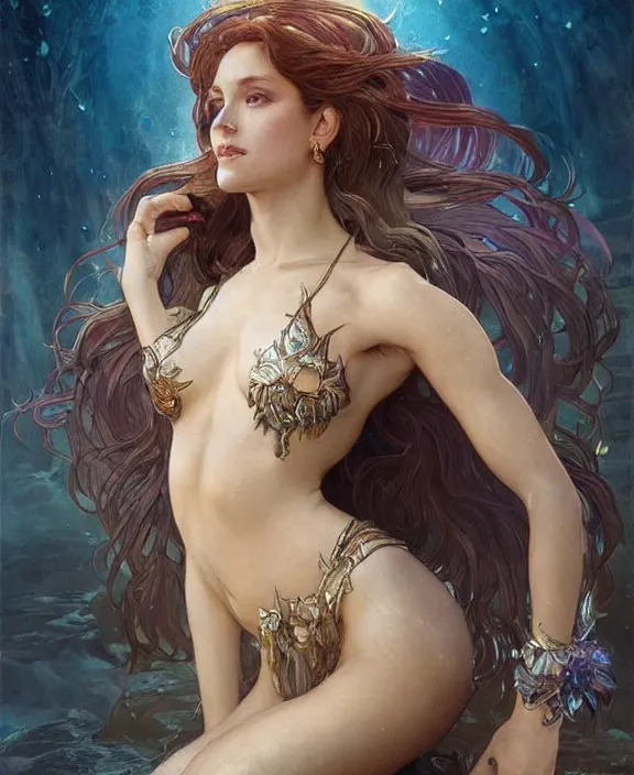 Prompt: portrait of a powerful mermaid sorceress, full body, d & d, fantasy, intricate, elegant, highly detailed, digital painting, artstation, concept art, art by artgerm and greg rutkowski and alphonse mucha