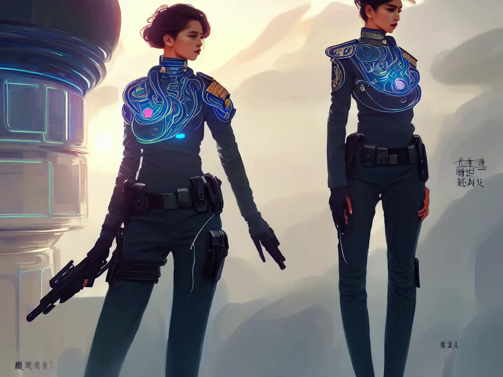 Image similar to portrait futuristic thiland police uniform female, at future neon light rooftop, ssci - fi and fantasy, intricate and very very beautiful and elegant, highly detailed, digital painting, artstation, concept art, smooth and sharp focus, illustration, art by tan zi and ayanamikodon and alphonse mucha and wlop