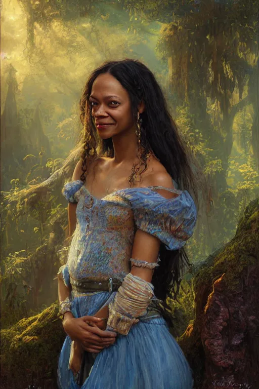 Prompt: Zoe Saldana, looking at the viewer, in the style of Lilia Alvarado, Sophie Anderson, Mark Arian, Bob Byerley, Charlie Bowater, Mark Brooks, Steve Henderson, Justin Gerard, Arthur Hughes, Edward Robert Hughes, Mark Keathley, Victor Nizovtsev, Carlos Shwabe, Ross Tran, WLOP