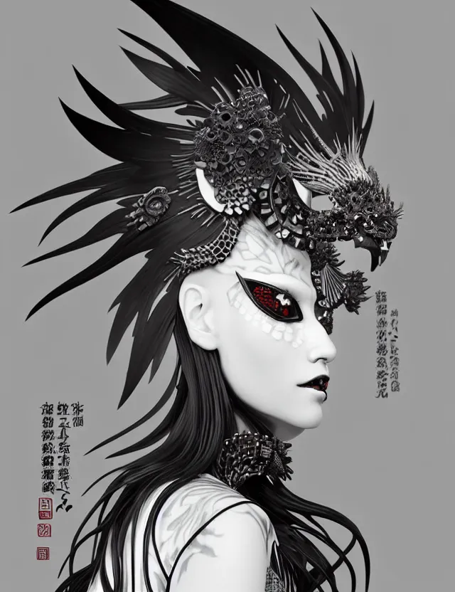 Image similar to 3 d goddess close - up profile simple portrait punk with mohawk with goat skull. beautiful intricately detailed japanese crow kitsune mask and clasical japanese kimono. betta fish, jellyfish phoenix, bio luminescent, plasma, ice, water, wind, creature, artwork by tooth wu and wlop and beeple and greg rutkowski