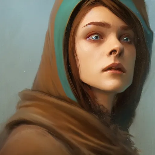 Prompt: a female wizard with brown hair wearing a blue hood, fantasy, highly detailed, digital painting, artstation, concept art, character art, art by greg rutkowski and tyler jacobson and alphonse mucha