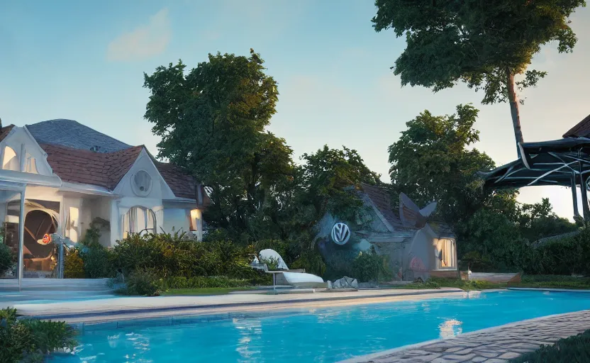 Image similar to a vw beetle parked near a modern small house with a pool at sunrise, concept art, octane render, unreal engine 5, trending on artstation, high quality, highly detailed, 8 k, soft lighting, path traced, godrays, lens flare, hyperrealistic, symmetrical, low contrast, digital art, beautiful, elegant