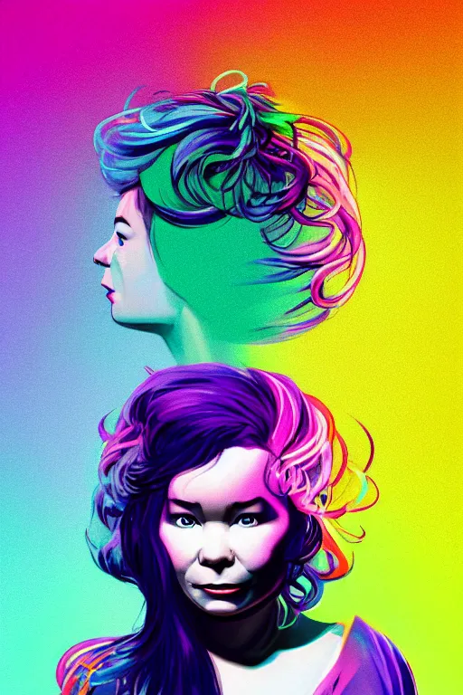 Image similar to a award winning portrait of the musician bjork, beautiful woman with stunning eyes in a one off shoulder croptop and cargo pants with rainbow colored hair, outlined by whirling illuminated neon lines and fine lines swirling in circles by ilya kuvshinov, digital art, trending on artstation