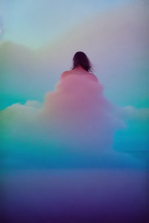 Image similar to high quality pastel coloured film close up wide angle photograph of a model wearing clothing swimming on cloud furniture in a icelandic black rock!! environment in a partially haze filled dreamstate world. three point light, rainbow. photographic production. art directed. pastel colours. volumetric clouds. pastel gradient overlay. waves glitch artefacts. extreme facial clarity. 8 k. filmic.