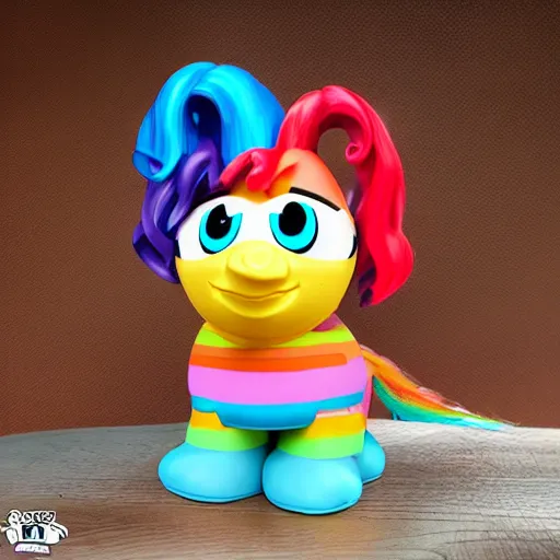 Prompt: mr. potato head riding rainbowdash pony