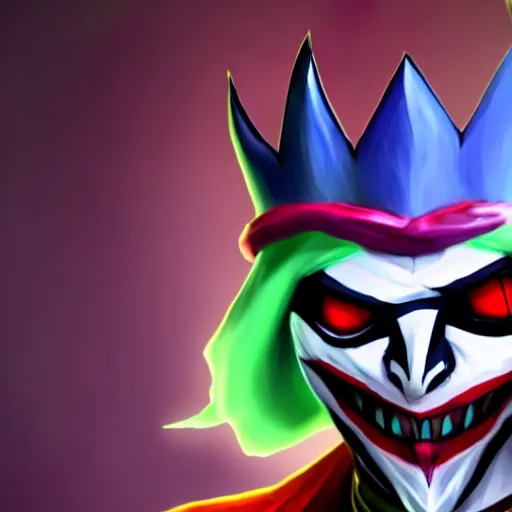 Image similar to ultra realistic shaco the mischevious jester tricking his enemies before he stabs them in the back with his wavy daggers