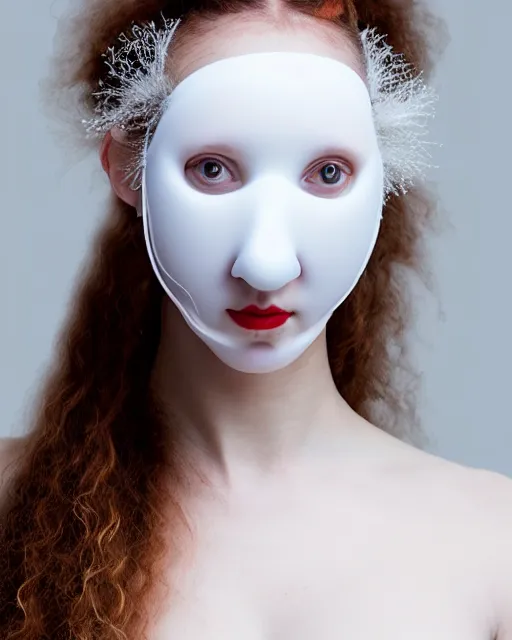 Prompt: portrait of a woman wearing a white embroidered translucent silicone mask and white red frizzy hair buns, wearing a silicone white bodysuit, white background, soft diffused light, biotechnology, kinetic sculpture, humanoide robot, translucent, intricate details, highly detailed, highly complex masterpiece