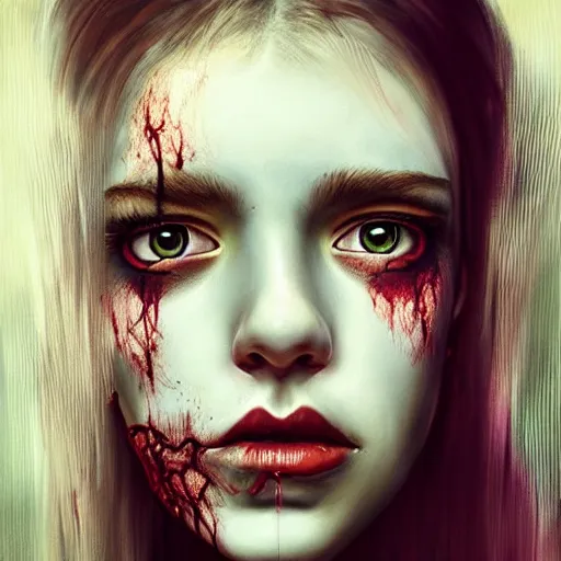 Prompt: high-quality beautifully done centered portrait of a pretty female zombie without a nose and rough pale dirty skin showing a lot of the thin veins underneath, slanted upturned white eyes::trending on artstation, featured on behance::art by Artgerm and Alessio Albi and Heather Theurer::natural lighting, identical eyes, beautiful eyes medium shot, slender symmetrical face and body, hyper-detailed, single face, insanely detailed and intricate