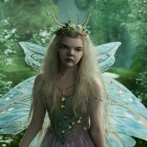 Image similar to older anya taylor - joy as a beautiful fairy, 8 k resolution hyperdetailed photo realistic, extremely high quality and life like