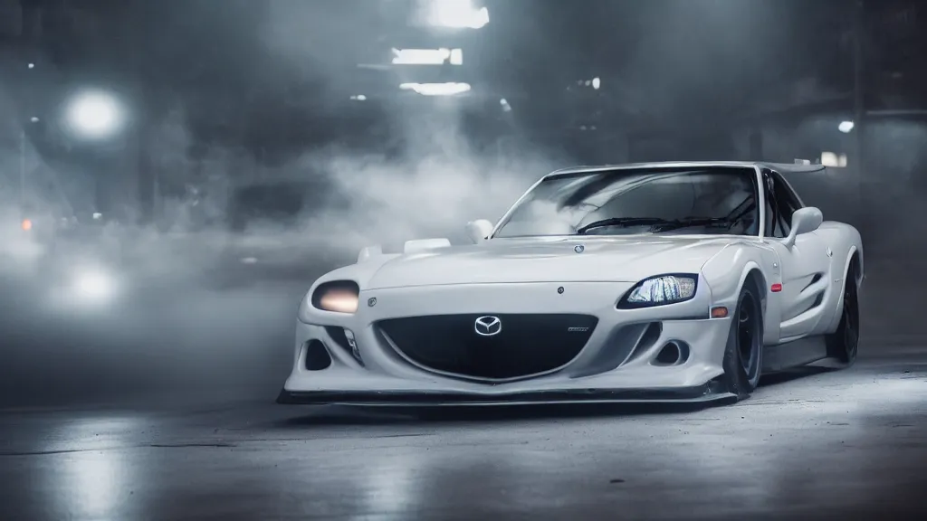 Prompt: mazda rx 7 fc with pop up headlights, cinematic, long exposure, white balance, 8 k, led, lumen global illumination, fog, ray tracing reflections