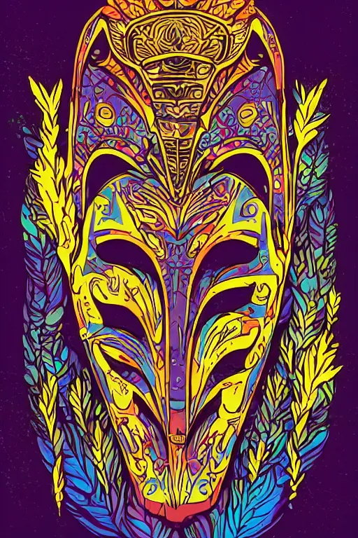 Image similar to animal mask totem roots flower tribal feather gemstone plant wood rock shaman vodoo video game vector cutout illustration vivid multicolor borderlands comics by josan gonzales and dan mumford radiating a glowing aura