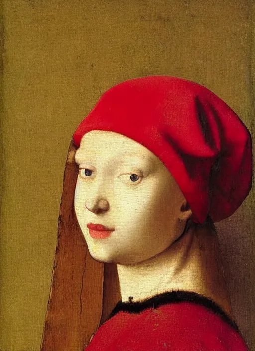 Prompt: red hat, medieval painting by jan van eyck, johannes vermeer