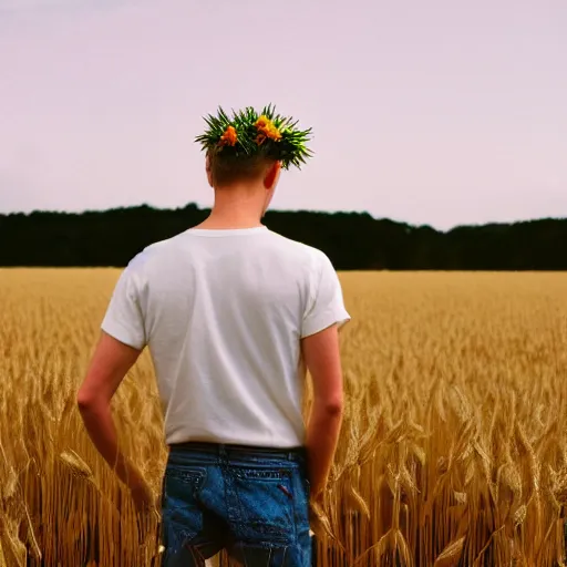 Image similar to kodak portra 4 0 0 photograph of a skinny blonde guy standing in field of wheat, back view, flower crown, moody lighting, telephoto, 9 0 s vibe, blurry background, vaporwave colors, faded!,