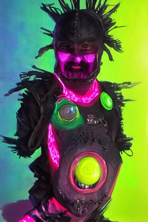 Prompt: a character wearing a diy costume, with fluo colored details, muted colors, gothic, satoshi con, hyper real painting