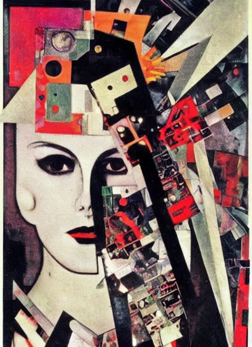 Image similar to cute punk goth fashion fractal alien martian young Debbie Harry wearing kimono made of circuits and leds, surreal Dada collage by Man Ray Kurt Schwitters Hannah Höch Alphonse Mucha, red and black