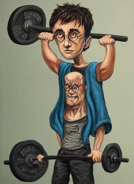Image similar to a painting of Harry Potter doing barbell back squats, dingy gym, wearing a muscle tee shirt, an ultrafine detailed painting by Mark Ryden, trending on deviantart, pop surrealism, whimsical, lowbrow, grotesque