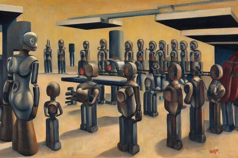 Image similar to drab slave human workers building robots, watched by fascist robots, brutalist factory, dystopian, pj crook, edward hopper, oil on canvas