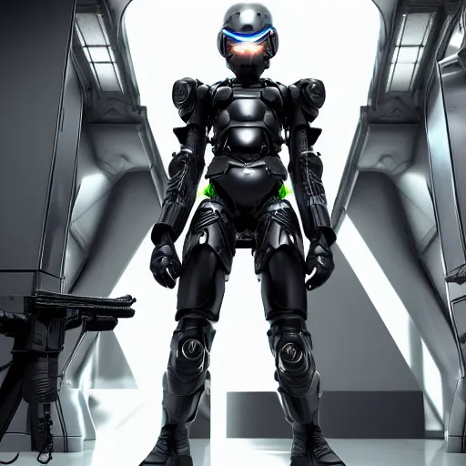 Image similar to a portrait of a manga character in a futuristic room, black and shiny cyber armor, handling a gun, highly detailed, render, vray, octane, realistic lighting, by nihei tsutomu