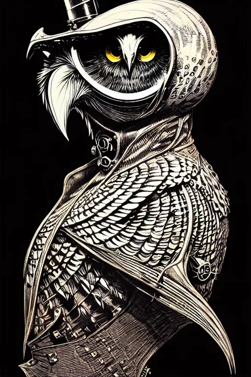 Image similar to side view of majestic steampunk anthropomorphic owl alchemist cloaked wizard, high details, bold line art, by vincent di fate and joe fenton, inking, etching, screen print, masterpiece, trending on artstation, sharp, high contrast, hyper - detailed,, hd, 4 k, 8 k