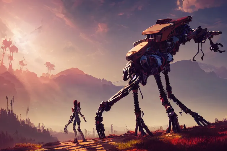 Image similar to longleg machine mecanical creature robot of horizon forbidden west horizon zero dawn radiating a glowing aura global illumination ray tracing hdr fanart arstation by ian pesty and alena aenami artworks in 4 k