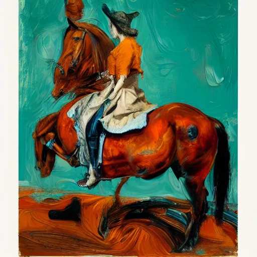 Image similar to high quality high detail expressionist painting of a woman on horseback by lucian freud and jenny saville and francis bacon and nicola samori, hd, anxiety, turquoise and orange