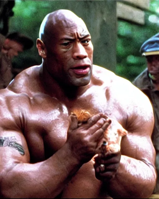 Image similar to film still close - up shot of dwayne johnson as john coffey petting a mouse in the movie the green mile. photographic, photography