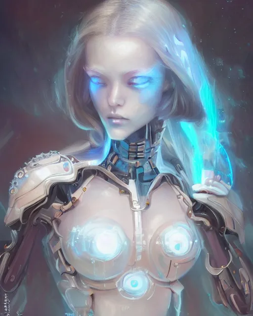 Image similar to holy cyborg necromancer girl, elegant, scifi, futuristic, utopia, garden, illustration, atmosphere, top lighting, blue eyes, white hair, focused, artstation, highly detailed, art by yuhong ding and chengwei pan and serafleur and ina wong