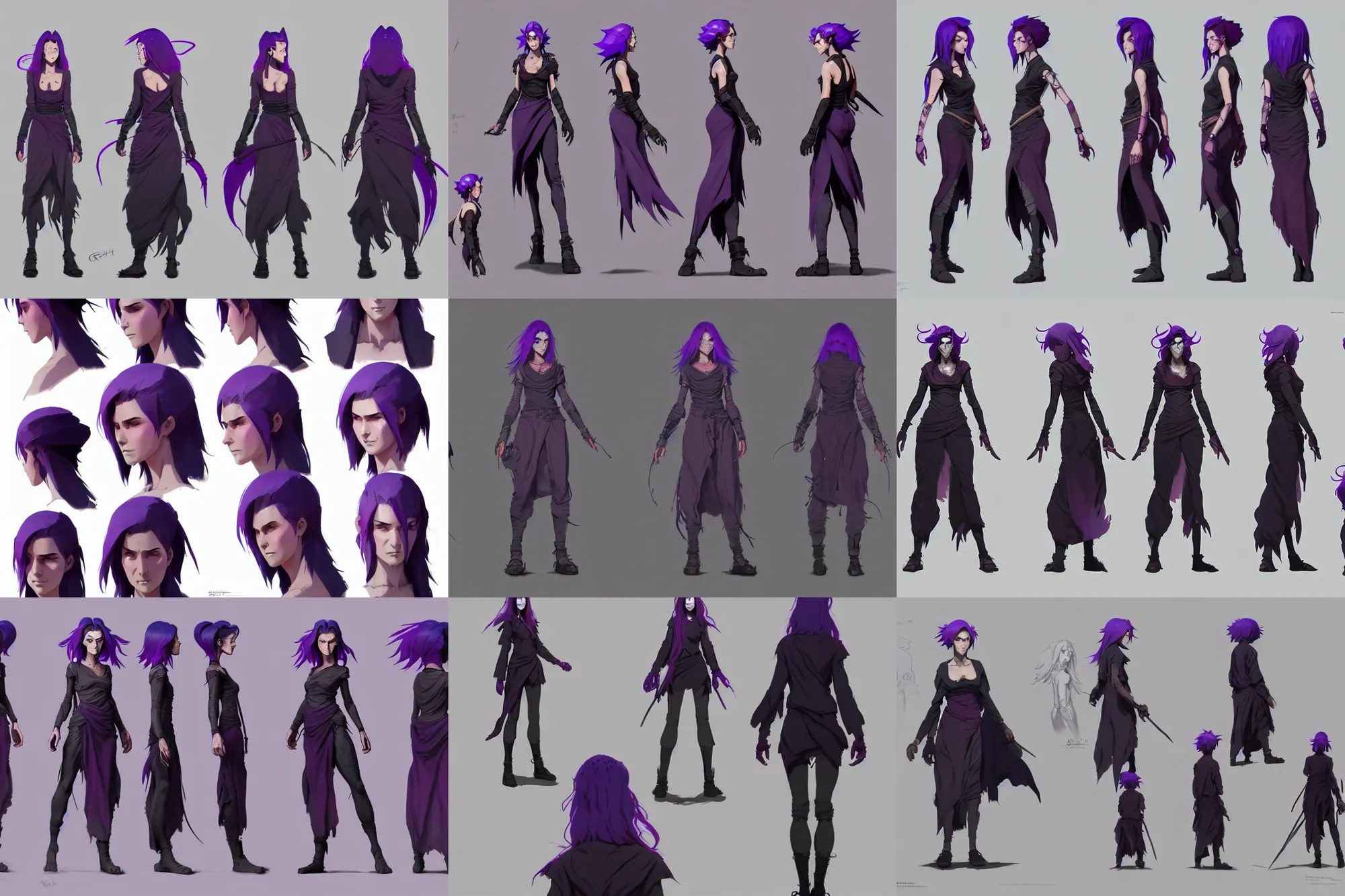 Prompt: character model sheet of rugged attractive female, undercut black to purple fade hair, sorcerer magic witch, by greg rutkowski and studio ghibli, digital art, trending on artstation, highly detailed, concept art, beautiful, masterpiece