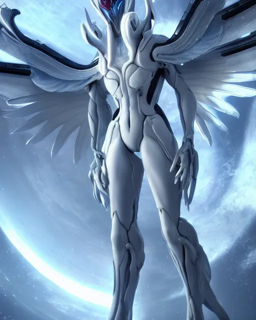 Image similar to perfect white haired alien being with huge white dove wings, warframe armor, beautiful, symmetric, dreamy, half asian, pretty face, blue eyes, detailed, scifi platform, laboratory, experiment, 4 k, ultra realistic, epic lighting, android body, illuminated, cinematic, masterpiece, art by akihito tsukushi, akihiko yoshida, voidstar