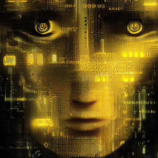 Image similar to a face covered in computer circuits, scifi, bladerunner, cyberpunk, heavy ink, yellow, very detailed eyes, 8 k resolution, by wlop, greg rutkowski