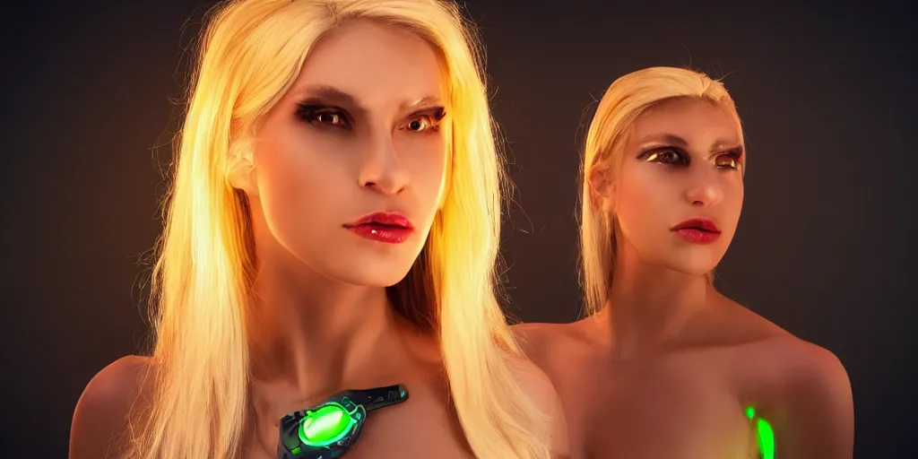 Prompt: a beautiful female blonde android cyborg neon light