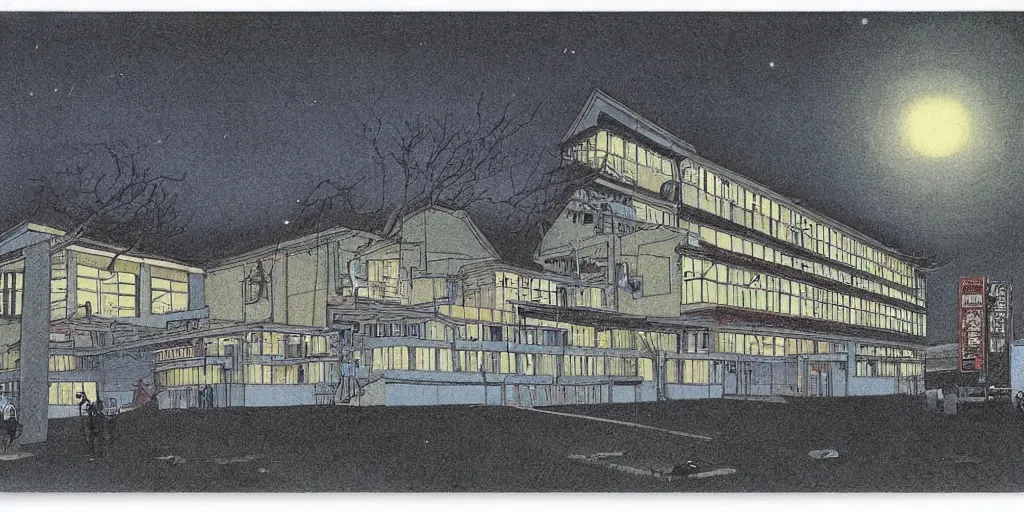 Prompt: a korean school at night by richard corben