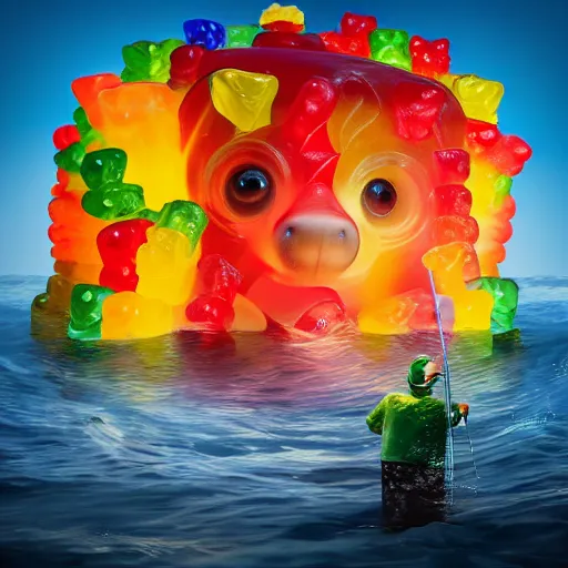 Prompt: life - sized gummi bear going deep sea fishing in a convertible sportfisherman boat. he is fishing for swedish fish candy and using gummi worm candy as bait. photorealistic digital art, epic fantasy, dramatic lighting, cinematic, extremely high detail, cinematic lighting, trending, artstation, cgsociety, 3 d ue 5, 4 k, hq