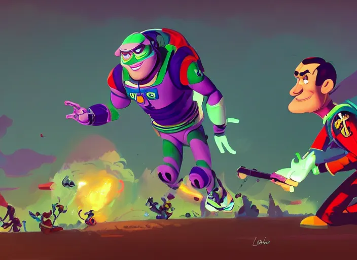 Prompt: barry chuckle as buzz lightyear, colorful, contrast, kim jung gi, greg rutkowski, zabrocki, karlkka, jayison devadas, trending on artstation, 8 k, ultra wide angle, zenith view, pincushion lens effect