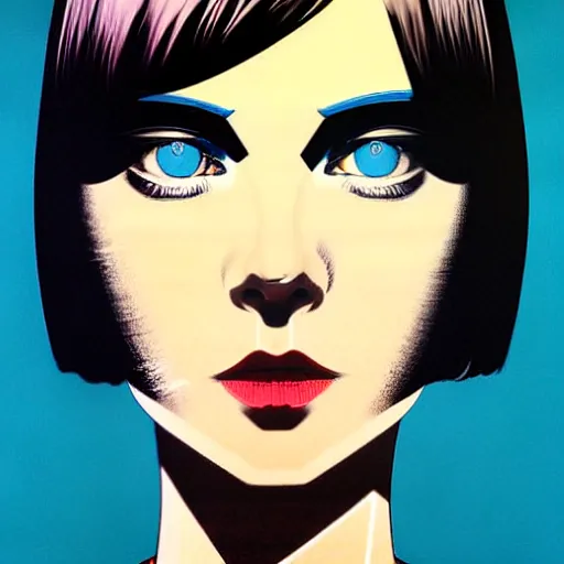 Image similar to woman with dark bobcut haircut with friendly blue eyes and slim features looking surprised, underground box office hit, satire and seventies italian horror movie, giallo, intricate, ultra detailed 8 k, best, cool, extremely beautiful and aesthetic shape of face and neck, art by hiroaki samura and ilya kuvshinov and rossdraws and andy warhol, inverted, epic