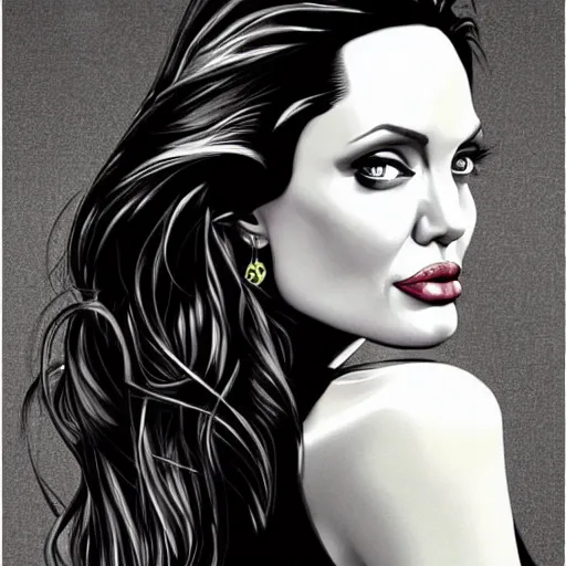 Prompt: angelina jolie, portrait, symetrical art deco poster illustration highly detailed,