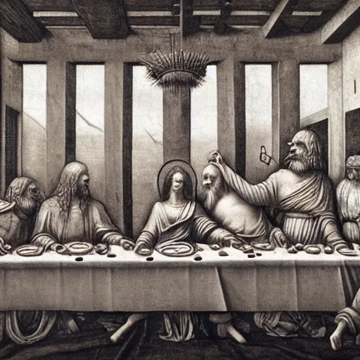 Prompt: HR Giger Leonardo Da Vinci last supper, concept art, hyperreal 8k wallpaper