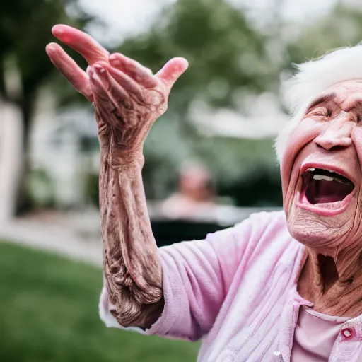 Image similar to elderly woman screaming at a party, canon eos r 3, f / 1. 4, iso 2 0 0, 1 / 1 6 0 s, 8 k, raw, unedited, symmetrical balance, wide angle