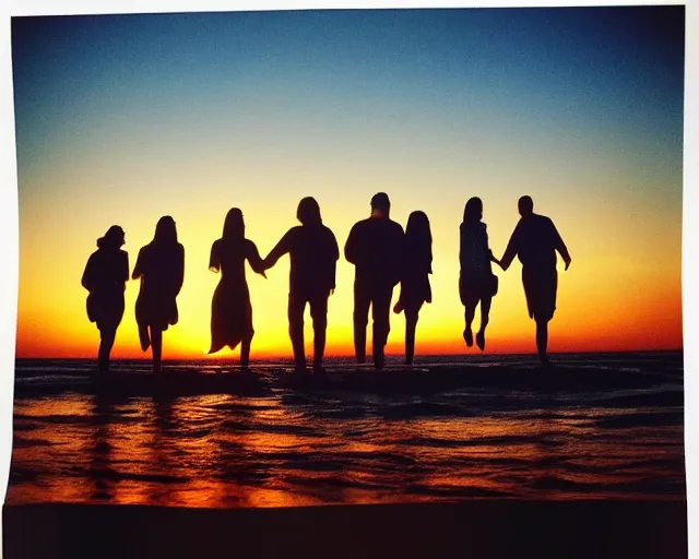 Prompt: sunset that looks like the cast of friends. cheesy dorm room poster