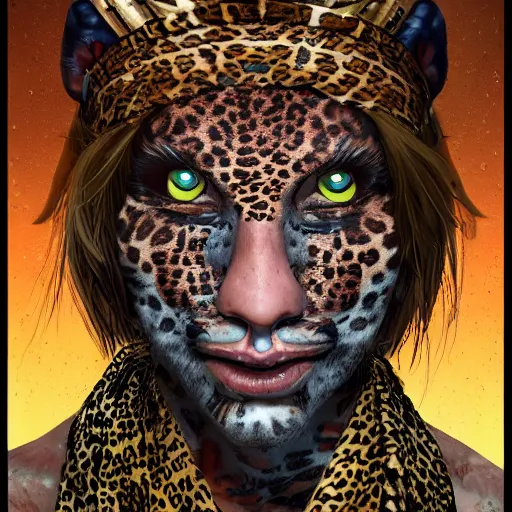 Image similar to the trickster is the god of chance and change. he is the god of adventure and excitement. the trickster is a male god, and he is usually depicted as a man wearing a leopard skin. highly detailed and intricate 8 k concept fantasy art illustration